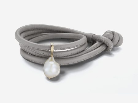 Leather Collection. Taupe Leather Baroque White Pearl Bracelet For Cheap