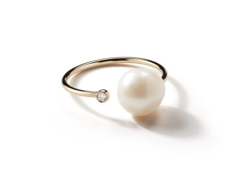 Sea of Beauty Collection. Small Open Diamond and White Pearl Thin Ring on Sale